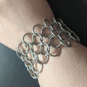 Silver Tone Textured Ring Chainmail Style Statement Bracelet